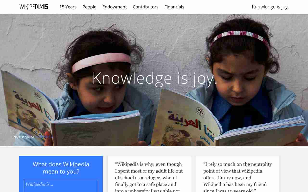 Screenshot of Wikipedia 15 website.