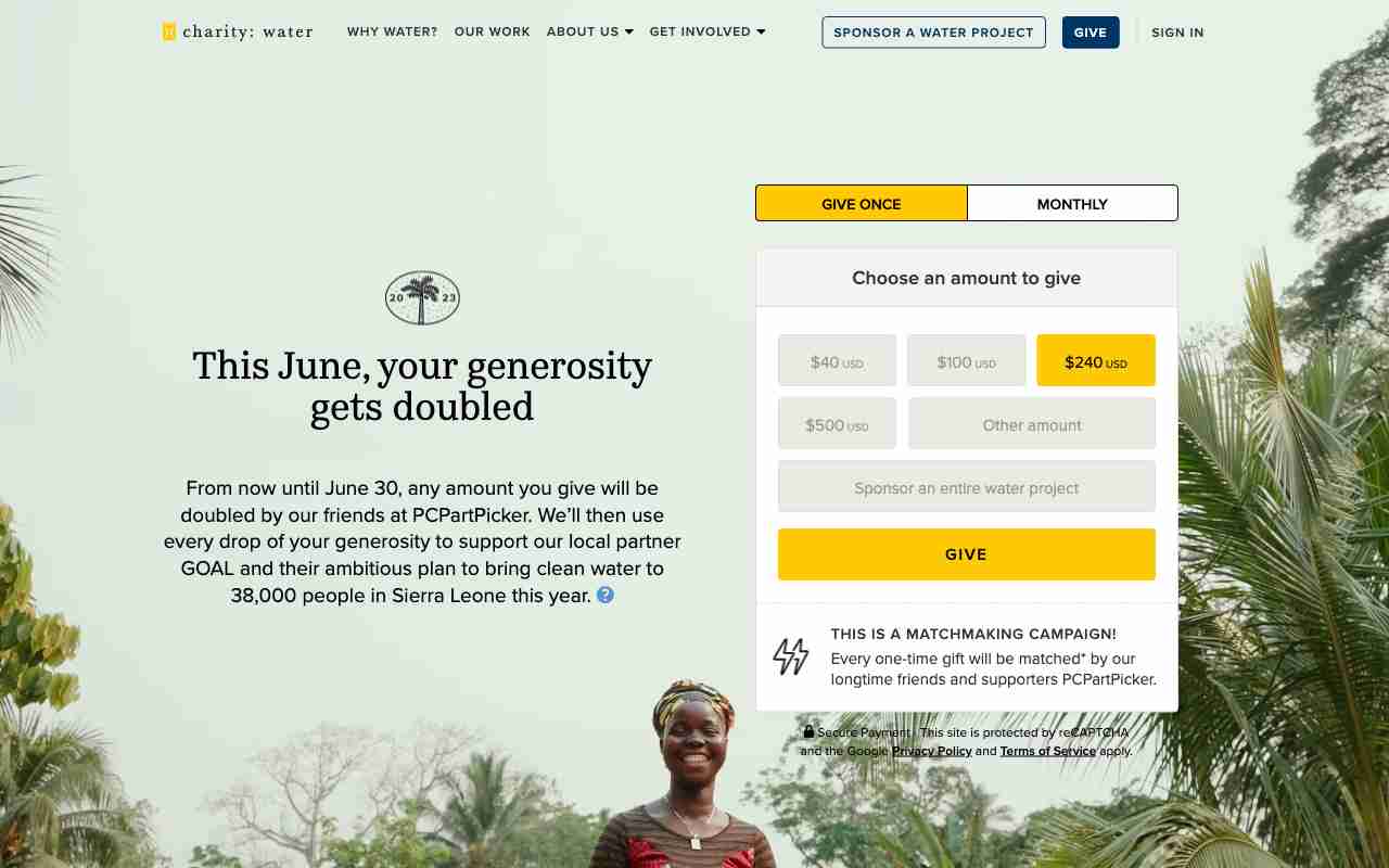 Screenshot of charity: water website.