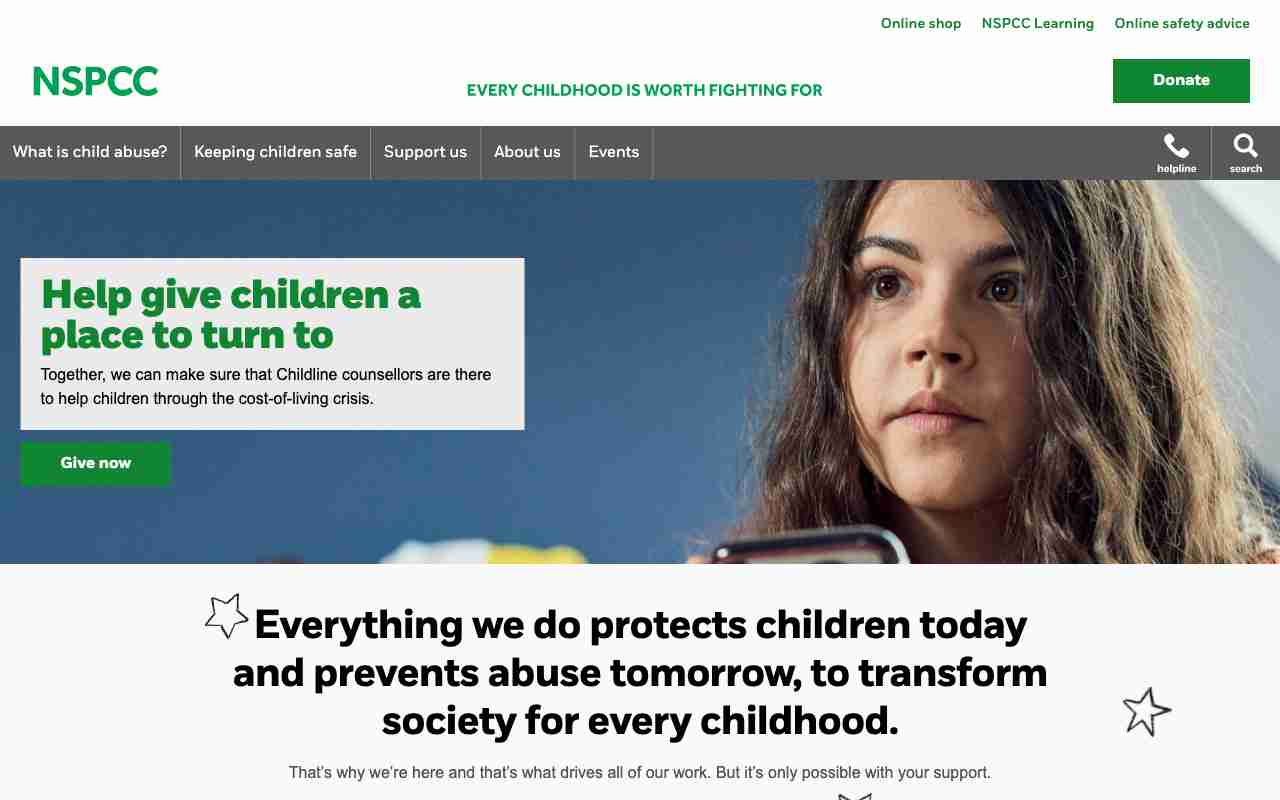 Screenshot of NSPCC website.
