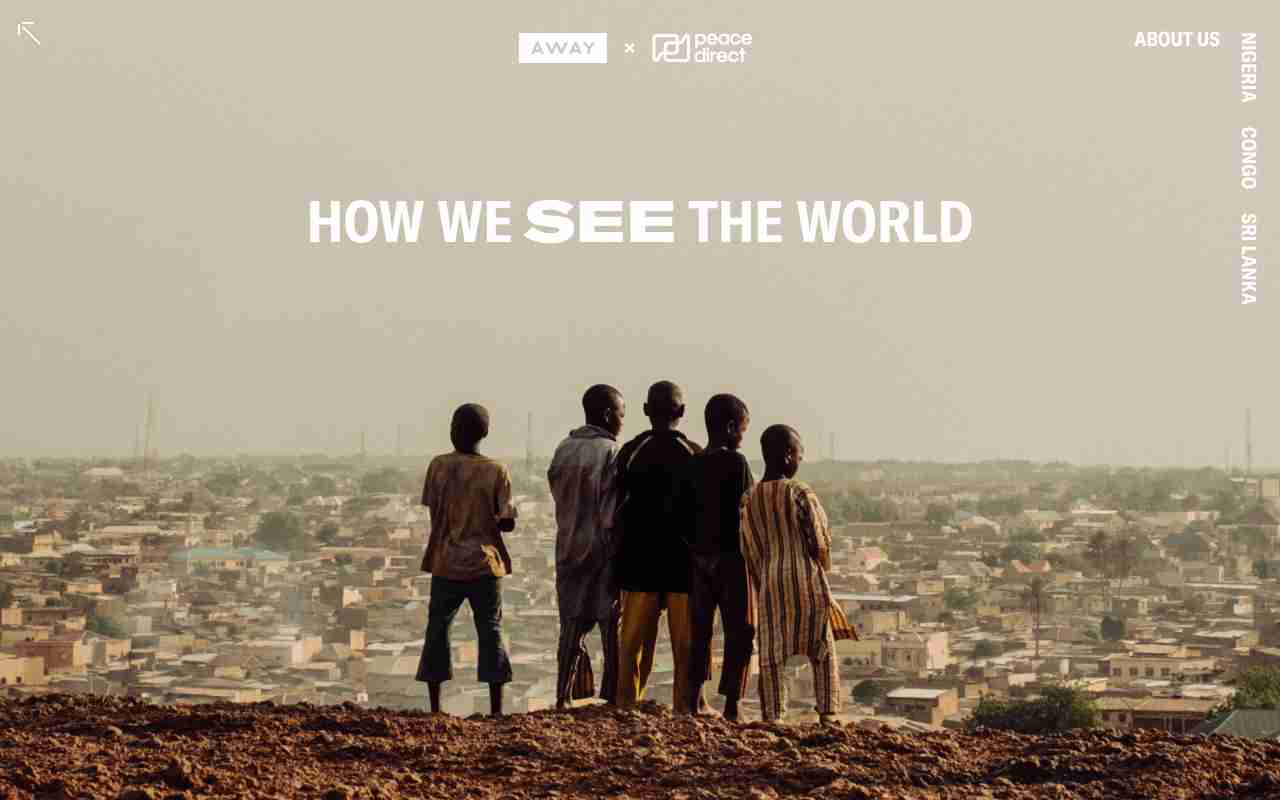 Screenshot of Away x Peace Direct website.