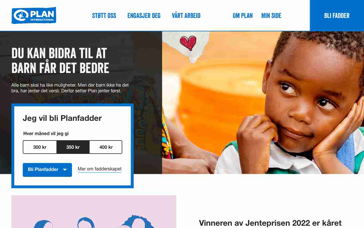 Screenshot of Plan International Norge website.